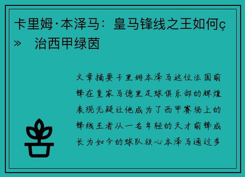 卡里姆·本泽马：皇马锋线之王如何统治西甲绿茵