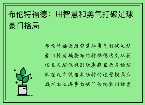布伦特福德：用智慧和勇气打破足球豪门格局