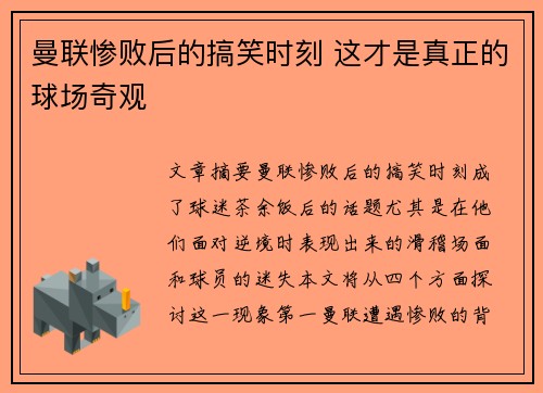 曼联惨败后的搞笑时刻 这才是真正的球场奇观